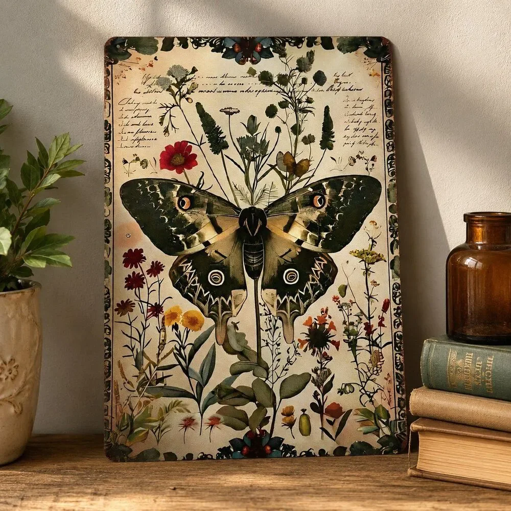 Botanical Moth Metal Wall Sign 8x12